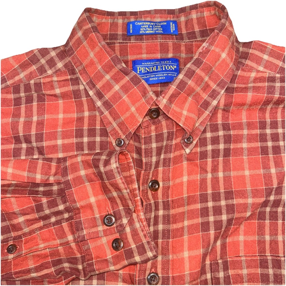 Pendleton Button Down Canterbury Cloth Plaid Pima Cotton Merino Wool Mens Sz XL